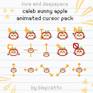 Op de afbeelding: Een geanimeerd cursorpakket met pixelrode appels met verschillende uitdrukkingen en cursorpictogrammen. De tekst "love and deepspace", "caleb sunny apple" en "animated cursor pack" staat bovenaan. De naam van de kunstenaar, "by blepcatto", staat onderaan.