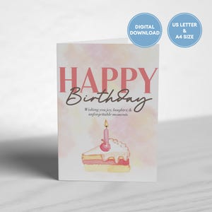 Cartão de aniversário em aquarela rosa | Cartão para impressão 5x7 | Tamanho A4 e Carta EUA | DOWNLOAD DIGITAL