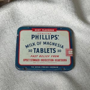 Vintage Phillips Milk of Magnesia Tin – 1950s Medicine Box – Blue & Red Empty Tablet Tin