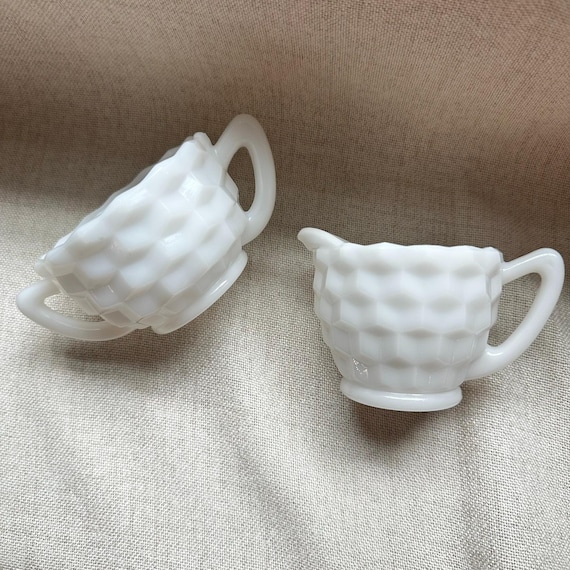 Vintage Milk Glass Creamer & Sugar Set | Cube Block Pattern, Hazel-Atlas Style