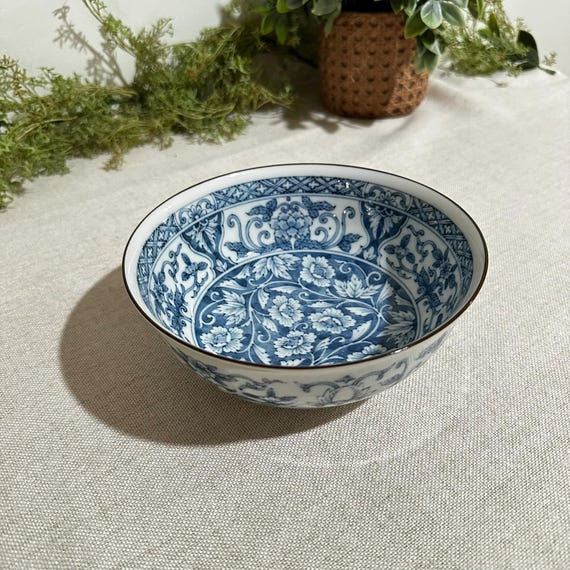 Vintage Blue and White Porcelain Bowl with Floral Motif | Marked Base