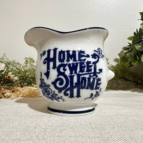 Vintage “Home Sweet Home” Blue & White Ceramic Pitcher | Floral Transferware Style