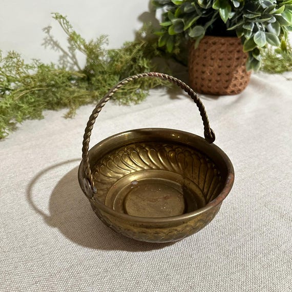 Vintage Brass Basket with Twisted Handle | Scalloped Pressed Design, Mid-Century