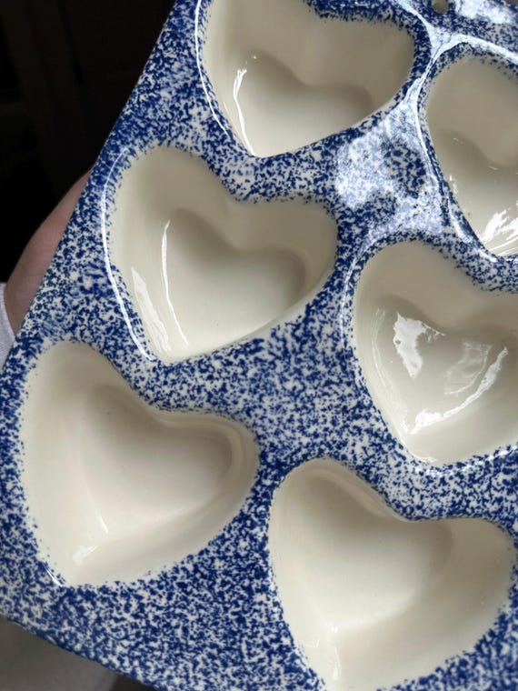 Vintage Style Ceramic Heart Mold | Blue Spongeware, Wall Hanging