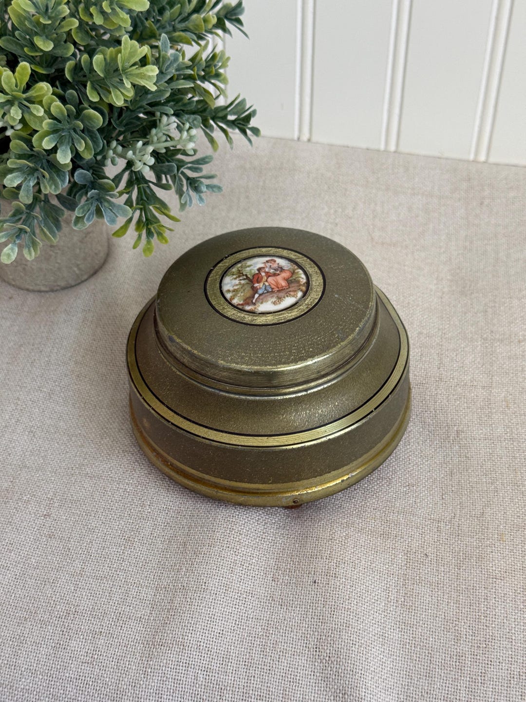 Musical Powder Box Vintage Musical Powder Box • Brass Tone Vanity Music Box With Porcelain ...