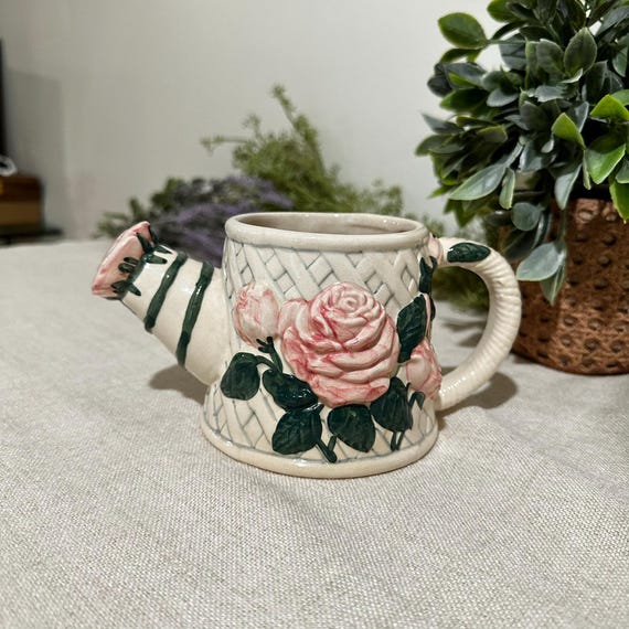 Vintage New Looks Ceramic Watering Can Planter | Pink Roses & Trellis Pattern