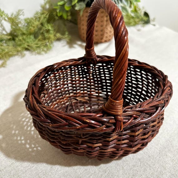 Vintage Dark Wicker Basket with Twisted Handle
