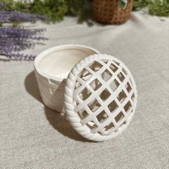 Vintage White Ceramic Basketweave Trinket Box | Pie-Shaped Top