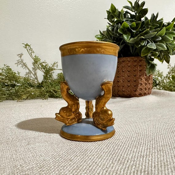 Vintage Jane Hutcheson Dolphin Vase | Giftworld of Gorham Blue & Gold Pedestal Miniature (no flowers)