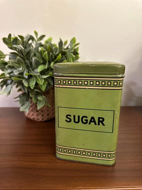 Vintage Green Sugar Tin | Mid-Century Metal Kitchen Storage | Retro Farmhouse Decor