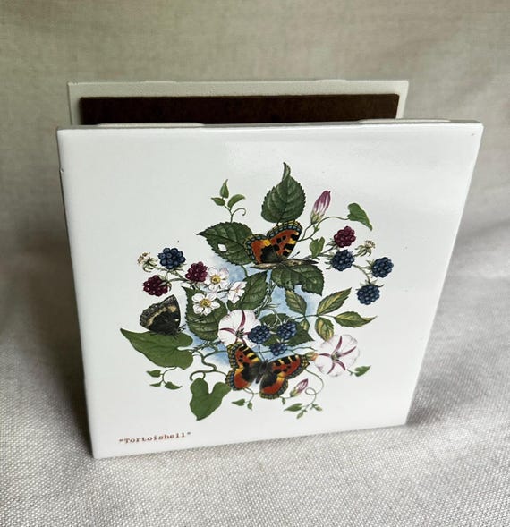 Vintage Butterfly & Blackberry Tile Napkin Holder | Ceramic and Wood, Felted Base