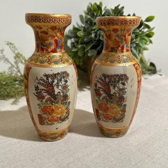 Vintage Hand-Painted Japanese Vases | Pair with Gilded Bird & Floral Motif