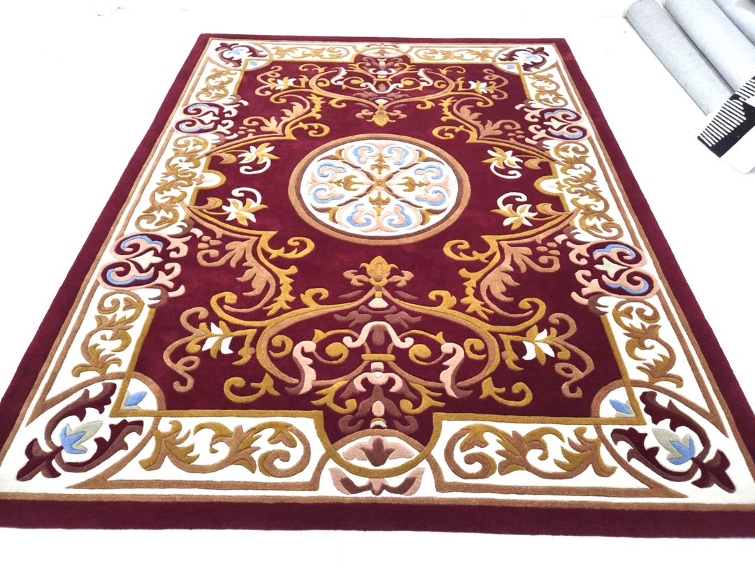 Maroon Vip Rug Handmade Maroon Tufted Rug: Carved Floral Medallion, Elegant Design - Etsy