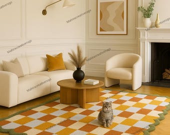 Hand Tufted Wool Rug, Checkered Scalloped Edge, Mustard Cream Geometric Carpet
