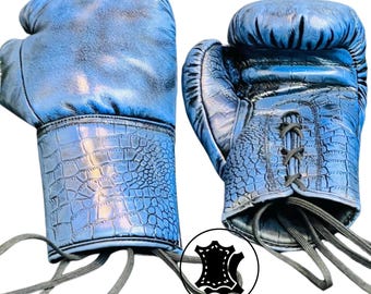 Handmade Blue Crocodile Embossed Leather Boxing Gloves | Luxury Vintage Style Training Gloves.muay thai gloves and MMA gloves.Halloween gift