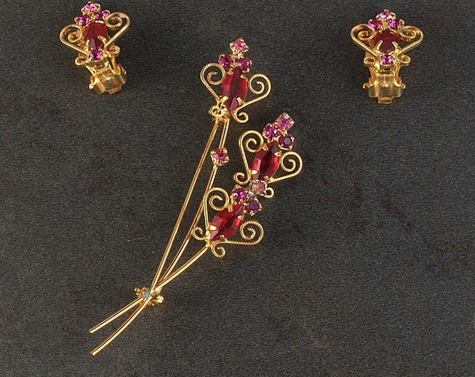 Dainty Pink and Red Rhinestone Brooch Set Etsy