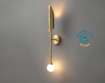 Mid Century Modern Brass Vanity Wall Sconce with Floating Globe Vertical Wall Light