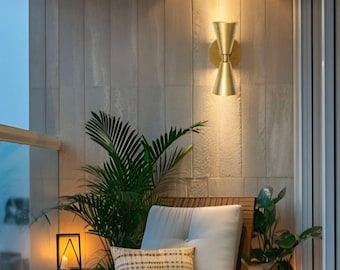 Mid-Century Modern Brass Double Cone Wall Sconce - Hardwired