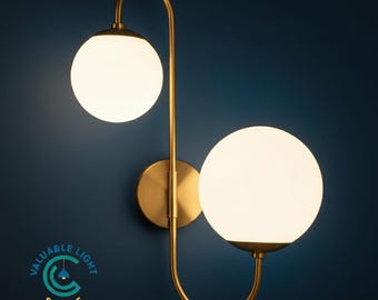 Modern Brass Milk Glass Italian Vanity Lighting Fixture Double Globe Wall Sconce