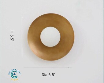 Handcrafted Brass Burnished Gold Roundel Wall Sconce, Glass Panel Warm Light