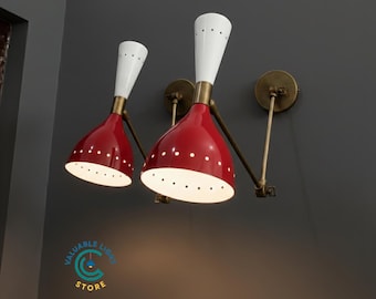 Handmade Mid Century Red Double Wall Sconce Brass Adjustable Arm Light