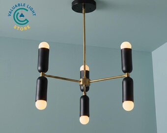 Handmade Black Brass Stilnovo Style Chandelier Ceiling Light Fixture