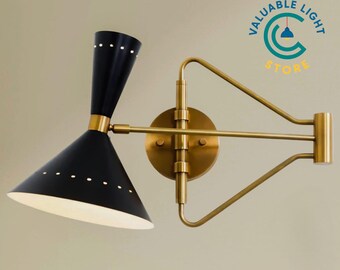 Mid-Century Adjustable Brass Wall Sconce - Dual Cone Swing Arm Light