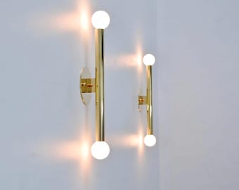 Mid-Century Brushed Brass Double Globe Vertical Wall Sconce Light Fixture