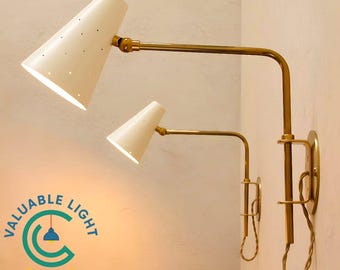 Pair Of Mid-Century Brass Italian Wall Sconce | White Cone Shade Swing Arm Lamp