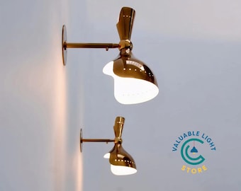 Pair Raw Brass Wall Sconces, Mid Century Sputnik Lights, Adjustable Shades