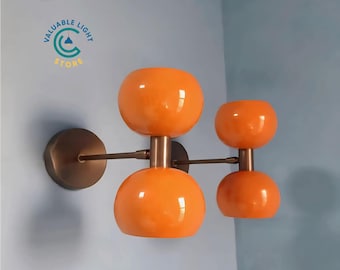 1950s Italian Stilnovo Orange Diabolo Sconce Pair, Modern Brass Wall Lights