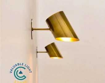 Mid Century Modern Brass Wall Sconce Pair: Cylindrical Gold Light
