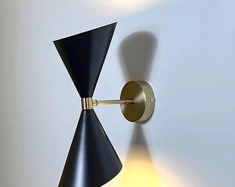 Brass Mounted Wall Sconce: Black & Gold Cone Double Light