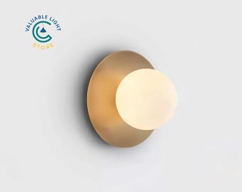 Handcrafted Brass Burnished Gold Roundel Wall Sconce, Glass Panel Warm Light