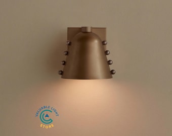 Handcrafted Mid Century Vintage Brass Patina Cone Wall Sconce with Brass Rivet Accents
