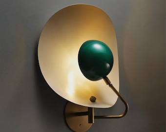 Brushed Brass Wall Sconce, Green Glass Globe, Mid-Century Modern Light