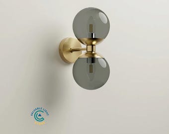 Handmade Brass Italian Style Double Globe Smoky Glass Wall Sconce