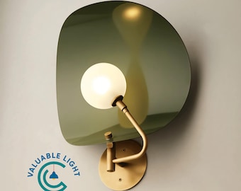 Green Enamel Shield Wall Sconce, Mid Century Modern Brass Opal Glass Light