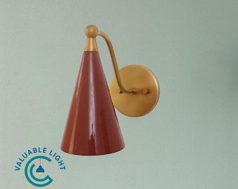 Mid-Century Raw Brass Wall Lamp  with Minimal Red Cone Luminaire
