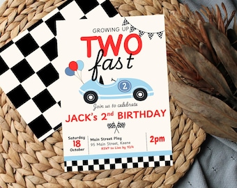 May include: A birthday invitation with a race car theme. The invitation reads "Growing Up Two Fast" with a light blue race car illustration. The invitation is for Jack's 2nd birthday, with date, time, and location details.
