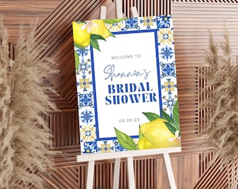 Amalfi Coast Lemon Bridal Shower Welcome Sign | Blue Tile Italian Theme | Editable Canva Template
