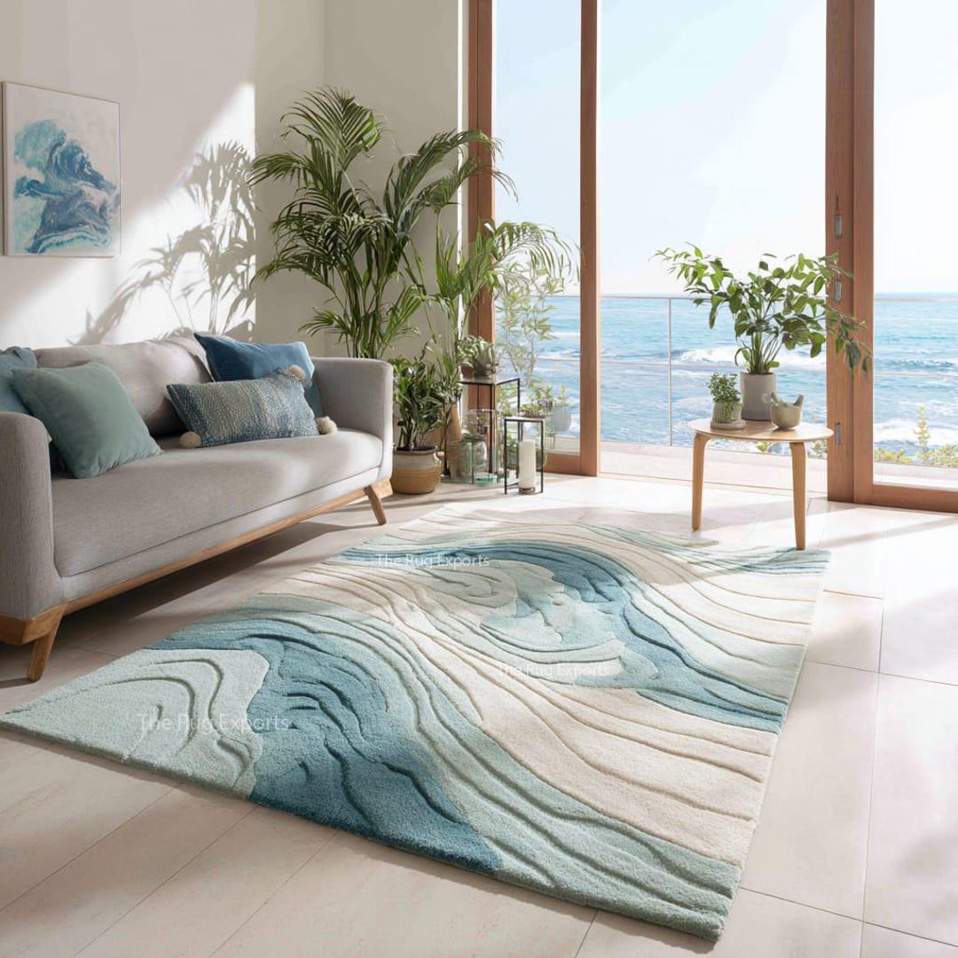 Hand Tufted Wool Area Rug, Ocean Wave Design, Coastal Decor - Etsy