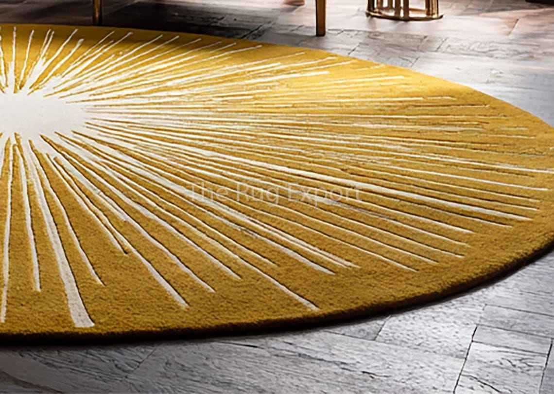 Yellow Circe Rug Hand Tufted White and Yellow Circle Rug- Handmade Round Wool Area Rug ...