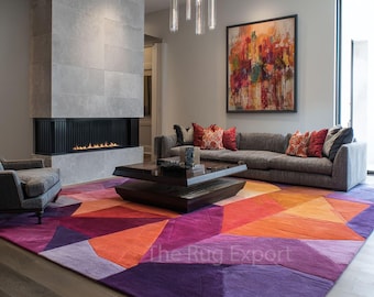 Geometric Purple Orange Hand Tufted Rug, Modern Abstract Wool Area Rug, Luxury Contemporary Living Room Carpet