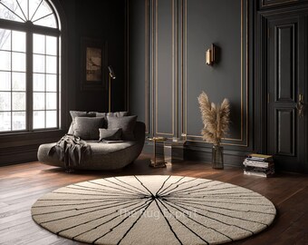 Ivory Black Round Hand Tufted Rug, Modern Sunburst Wool Circle Area Carpet Decor