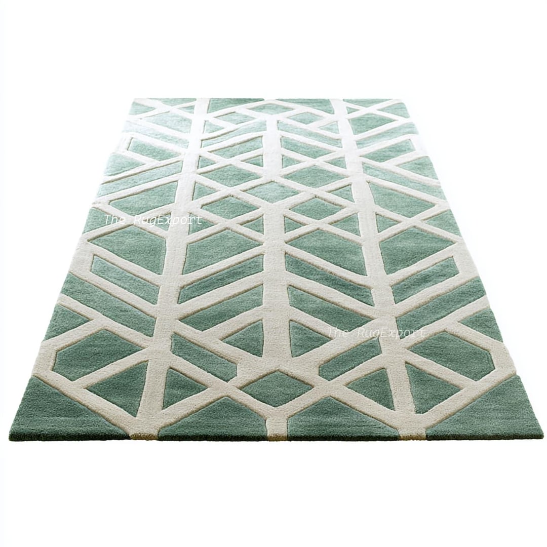 Modern Hand-tufted Sage Green and Ivory Geometric Wool Area Rug - 3D ...
