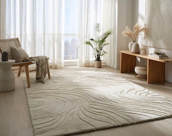 Hand Tufted Ivory Abstract Rug, Minimal Modern Wool Carpet for Elegant Neutral Living Spaces
