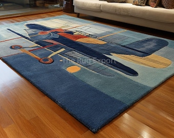Airplane Blue Hand Tufted Rug, Modern Kids Room Wool Area Carpet Home Decor