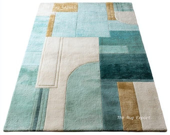 Modern abstract handgetuft vloerkleed, blauwblauw en beige geometrisch wollen tapijt, eigentijds vloerkleed woonkamer.