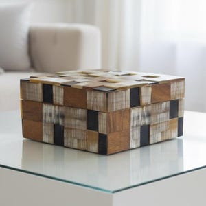Quadrille Medium — Wood & Horn Inlay Decorative Box | Handmade MDF Storage Box, Coffee Table Decor